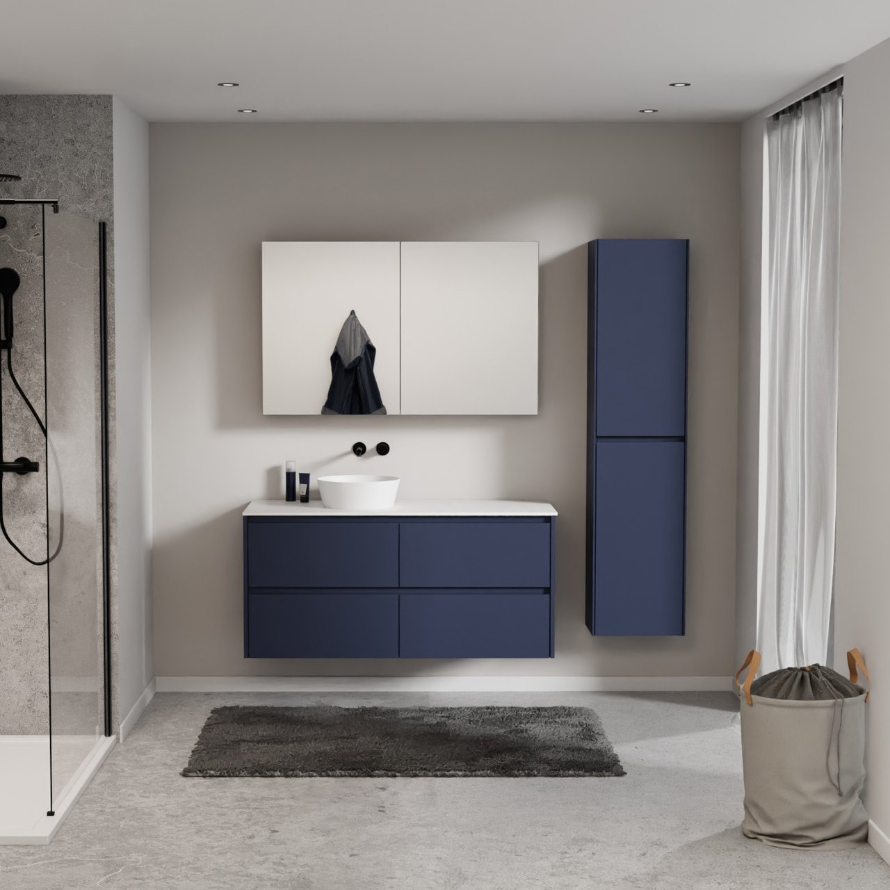 Storke Seda meuble salle de bains suspendu 130 x 52 cm bleu nuit avec Tavola tablette simple ou double en solid surface blanc mat