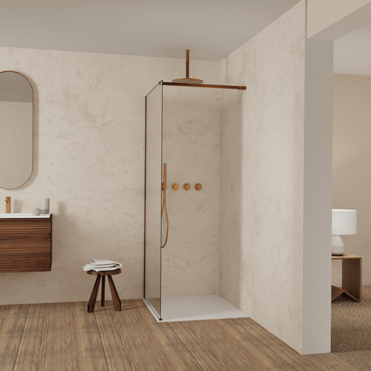 Balmani Modular Walk-In Dusche: 90 x 200 cm, Ribs, inklusive Coating, Profil Brushed Rosegold