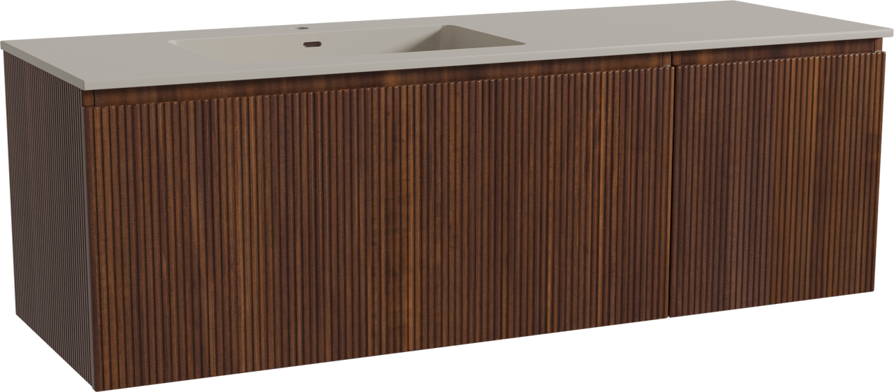 Storke Ribs zwevend badmeubel 150 x 52 cm notenhout met Diva asymmetrisch linkse wastafel in top solid zijdegrijs, Verticale symmetrische rechte ribbel