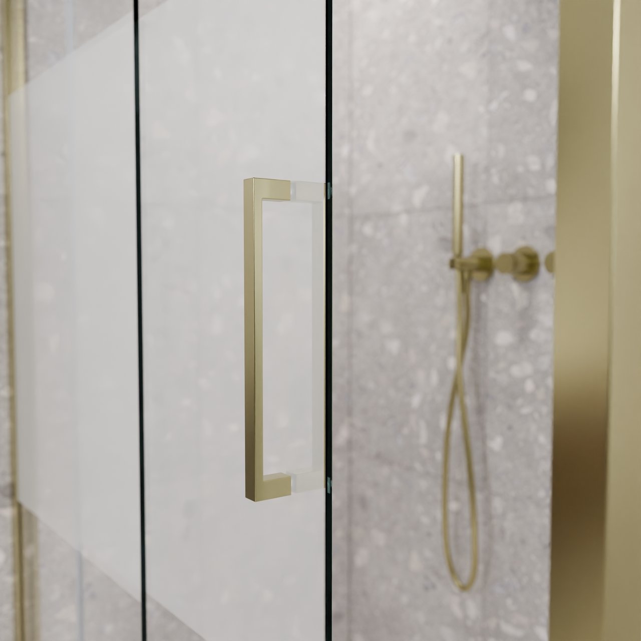 Balmani Senses Design Eckdusche: Schiebetür (Links) mit fixierte Seitenwand, 140 x 90 cm, Klarglas mit mattiertem Streifen, Profil Brushed Champagne Gold