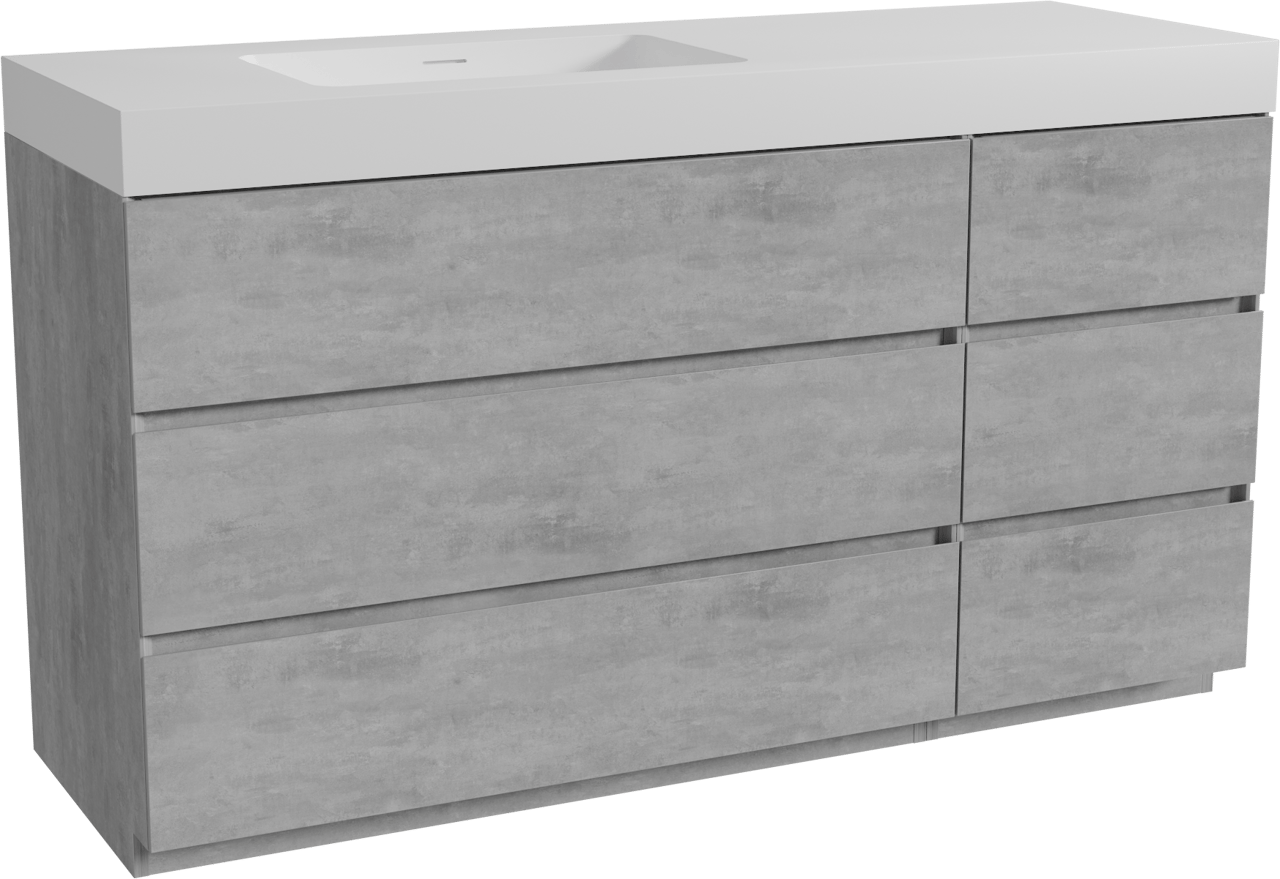 Storke Edge freistehendes Möbelstück Set: 150 x 52 cm, Beton dunkelgrau, mit Mata High Waschtisch links, Solid Surface Weiß matt