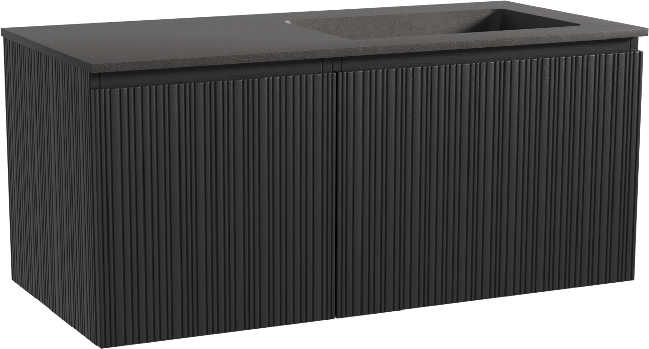 Storke Ribs meuble salle de bains suspendu 110 x 52 cm chêne noir avec Scuro vasque asymétrique droite en quartz noir mat, Nervure droite asymétrique verticale