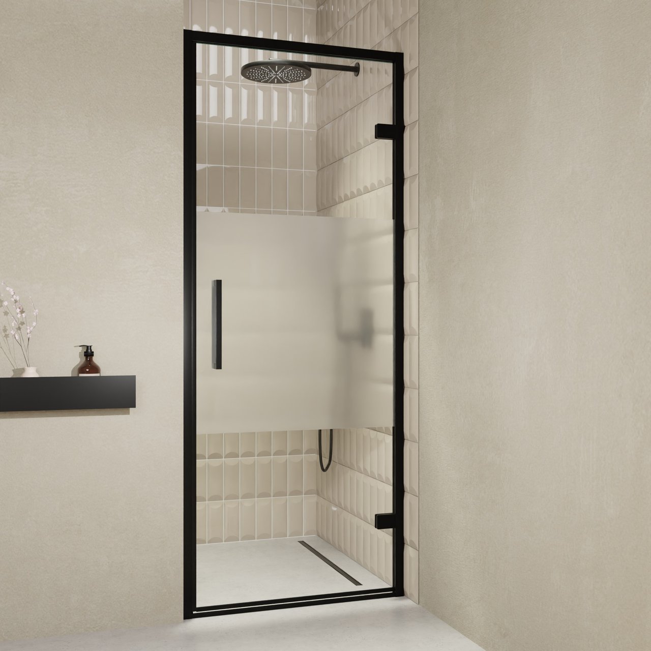 Balmani Senses Design douche draaideur rechts 90 cm x 210 cm Helder glas met matte strook, Zwarte profielen, met coating