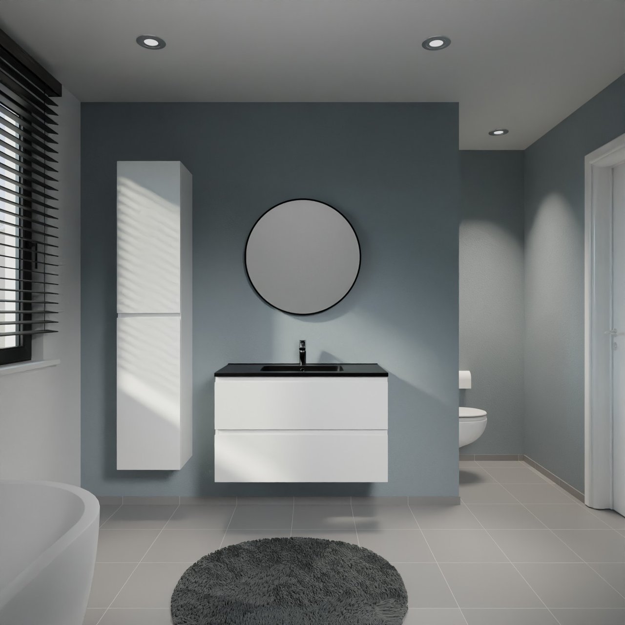 Linie Lado meuble salle de bains suspendu 90 x 46 cm blanc brillant avec Vano plan simple en marbre composite noir mat