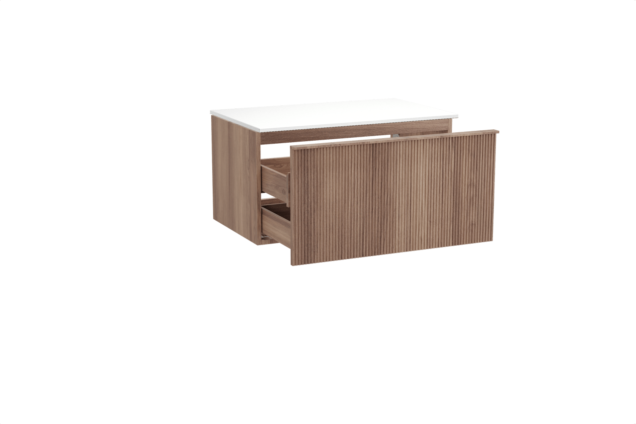 Balmani Forma meuble salle de bains suspendu 90 x 55 cm teck avec Stretto tablette simple en solid surface blanc mat, Nervure droite symétrique verticale