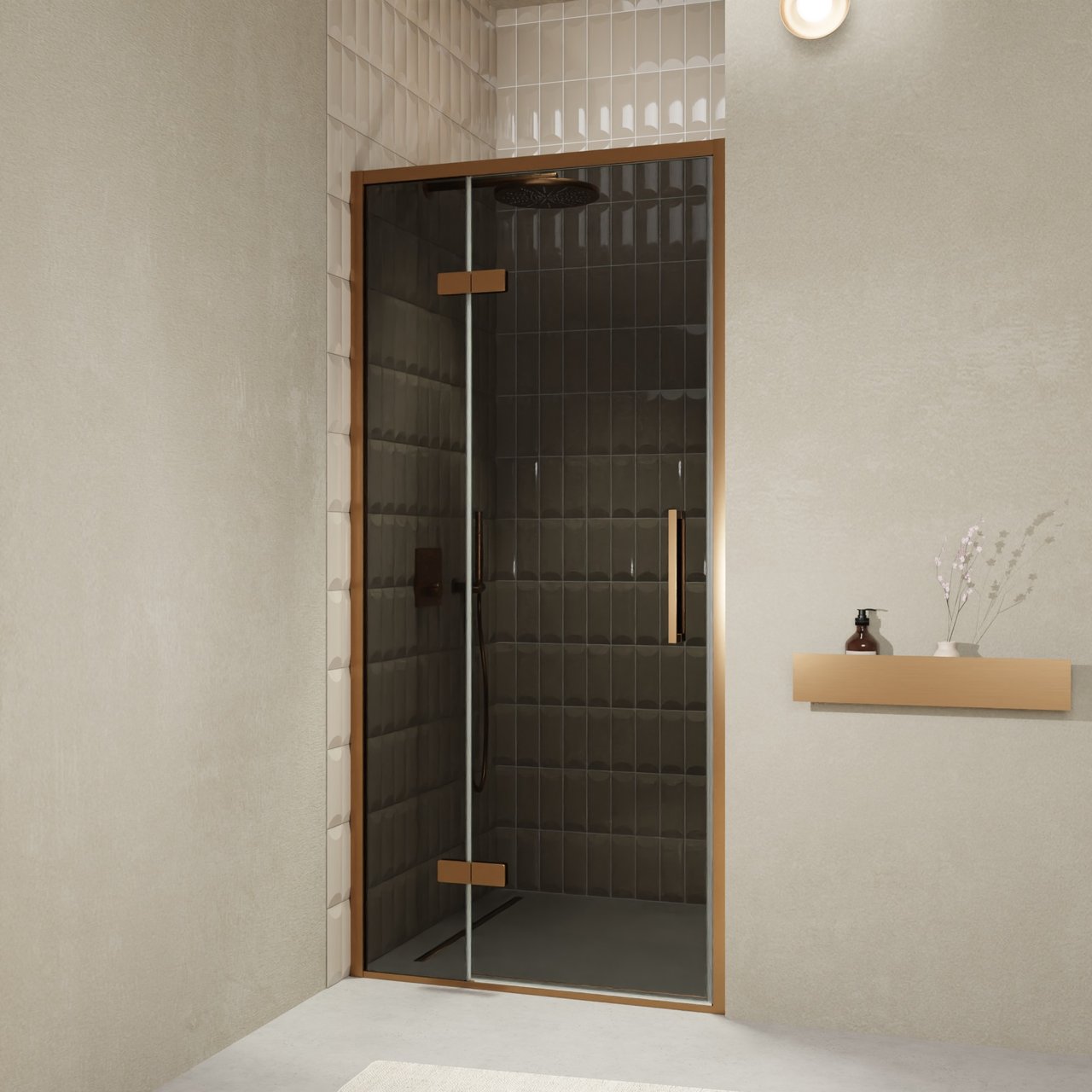 Balmani Senses Design porte pivotante à gauche 100 cm x 210 cm verre fumé, Profil Brushed Rosegold, coating inclus