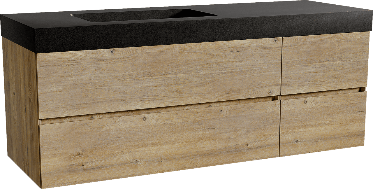 Storke Edge hängendes Möbelstück Set: 150 x 52 cm, Rohe Eiche, mit Scuro High Waschtisch links, Quarz Schwarz matt