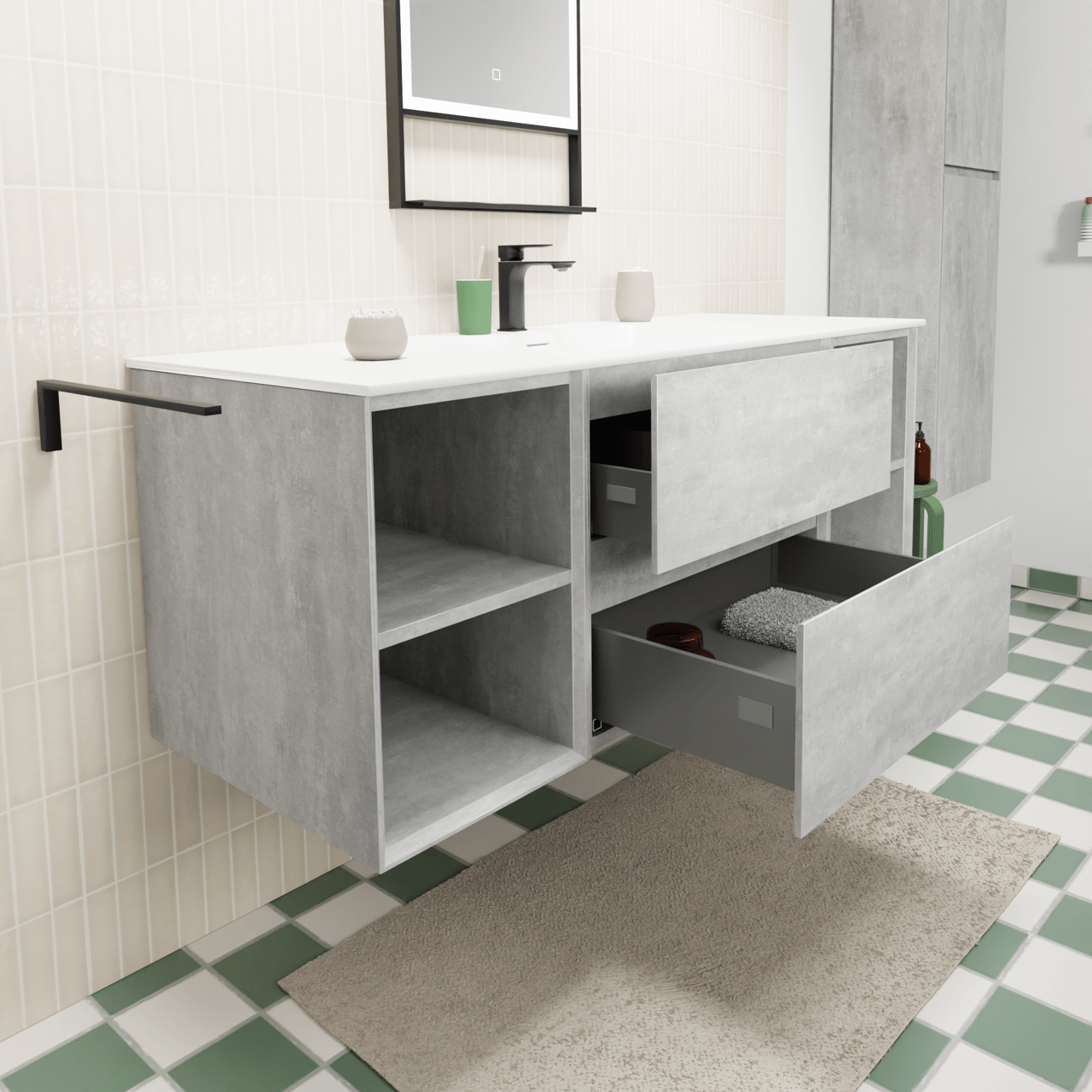 Storke Edge zwevend badmeubel 135 x 52 cm beton donkergrijs met Mata enkele wastafel in solid surface mat wit