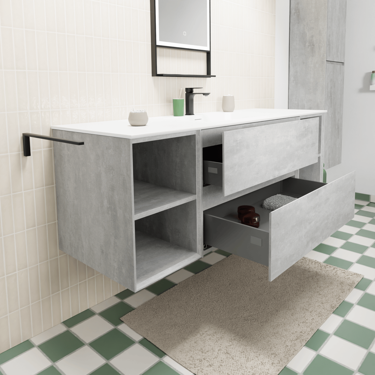 Storke Edge zwevend badkamermeubel 155 x 52 cm beton donkergrijs met Mata enkele wastafel in solid surface mat wit