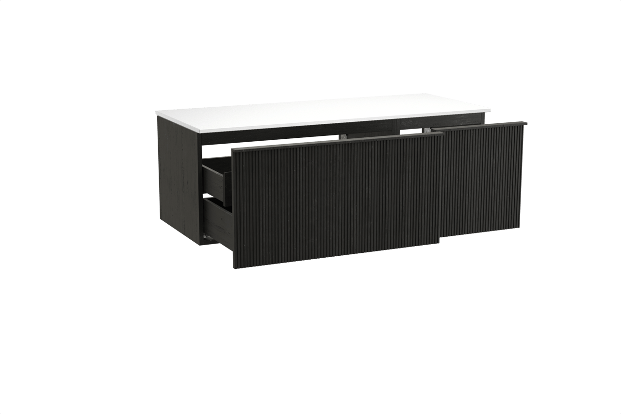 Balmani Forma zwevend badkamermeubel 135 x 55 cm zwarte eik met Stretto enkel of dubbel tablet in solid surface mat wit, Verticale symmetrische rechte ribbel