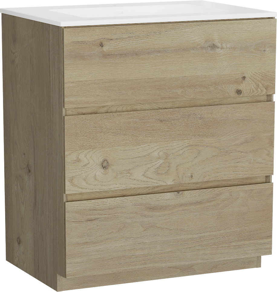 Storke Edge freistehendes Möbelstück Set: 75 x 52 cm, Rohe Eiche, mit Bilia Einzelwaschtisch, Marmorkomposit Weiß glänzend
