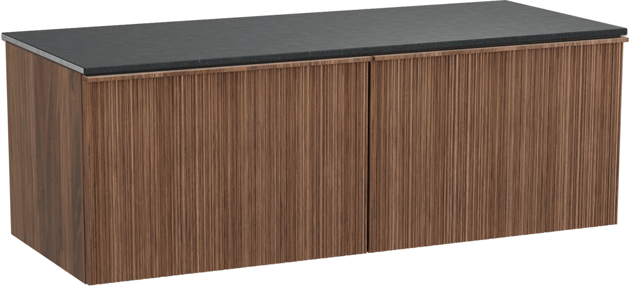 Balmani Forma zwevend badmeubel 135 x 55 cm amerikaans notenhout met Stretto enkel of dubbel wastafelblad in zwart graniet, Verticale asymmetrische ronde ribbel