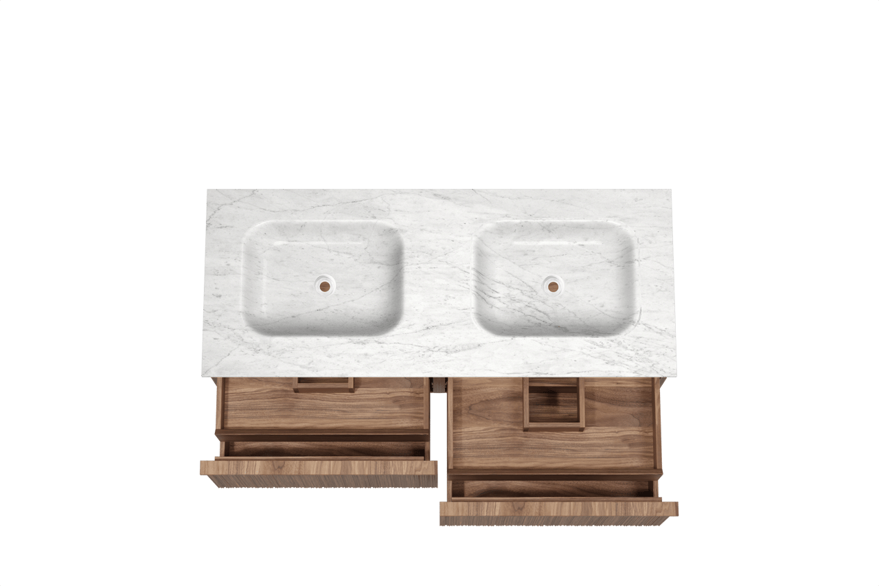 Balmani Forma zwevend badmeubel 135 x 55 cm amerikaans notenhout met Tablo Arcato dubbele wastafel in marmer carrara, Verticale asymmetrische ronde ribbel