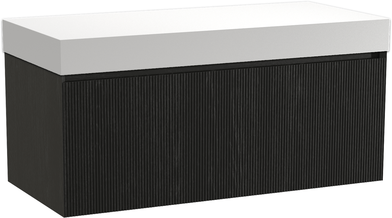 Balmani Fila by Mitra zwevend badkamermeubel 120 x 55 cm zwarte eik met Dominus enkel of dubbel tablet in solid surface mat wit, Verticale symmetrische rechte ribbel