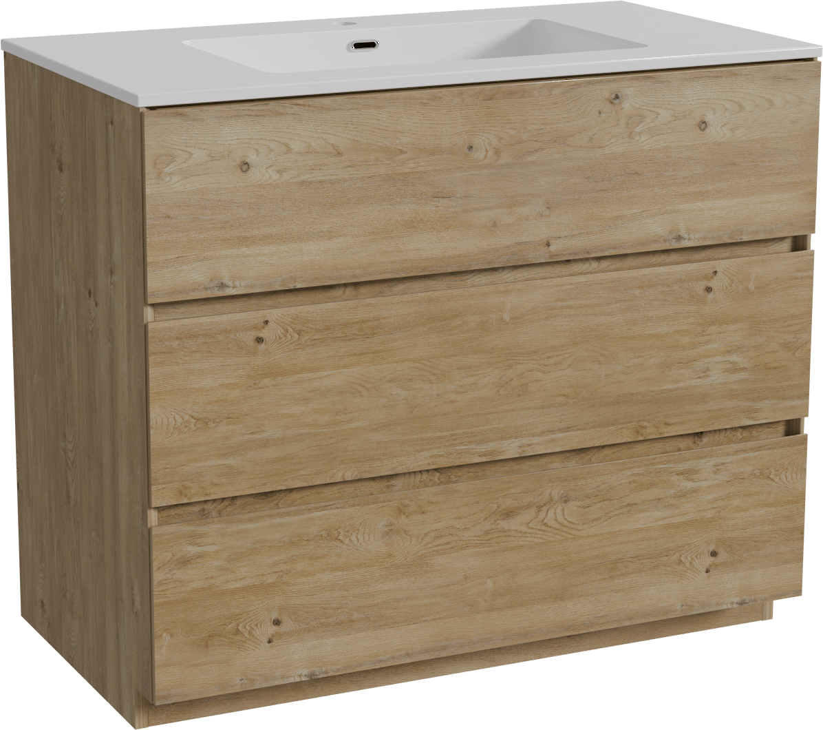 Storke Edge staand badkamermeubel 95 x 52 cm ruwe eik met Diva enkele wastafel in composietmarmer glanzend wit