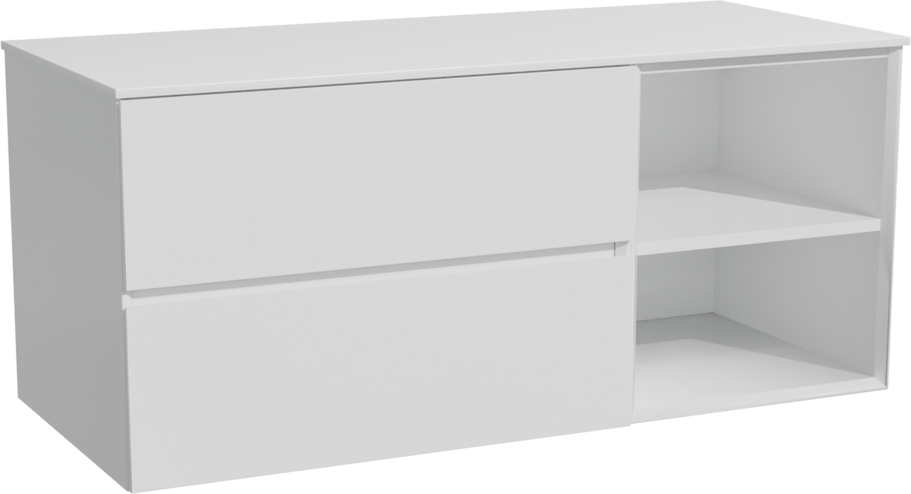 Storke Edge hängendes Möbelstück Set: 120 x 52 cm, Weiß matt, mit Tavola Einzel- oder Doppel Waschtischplatte, Solid Surface Weiß matt