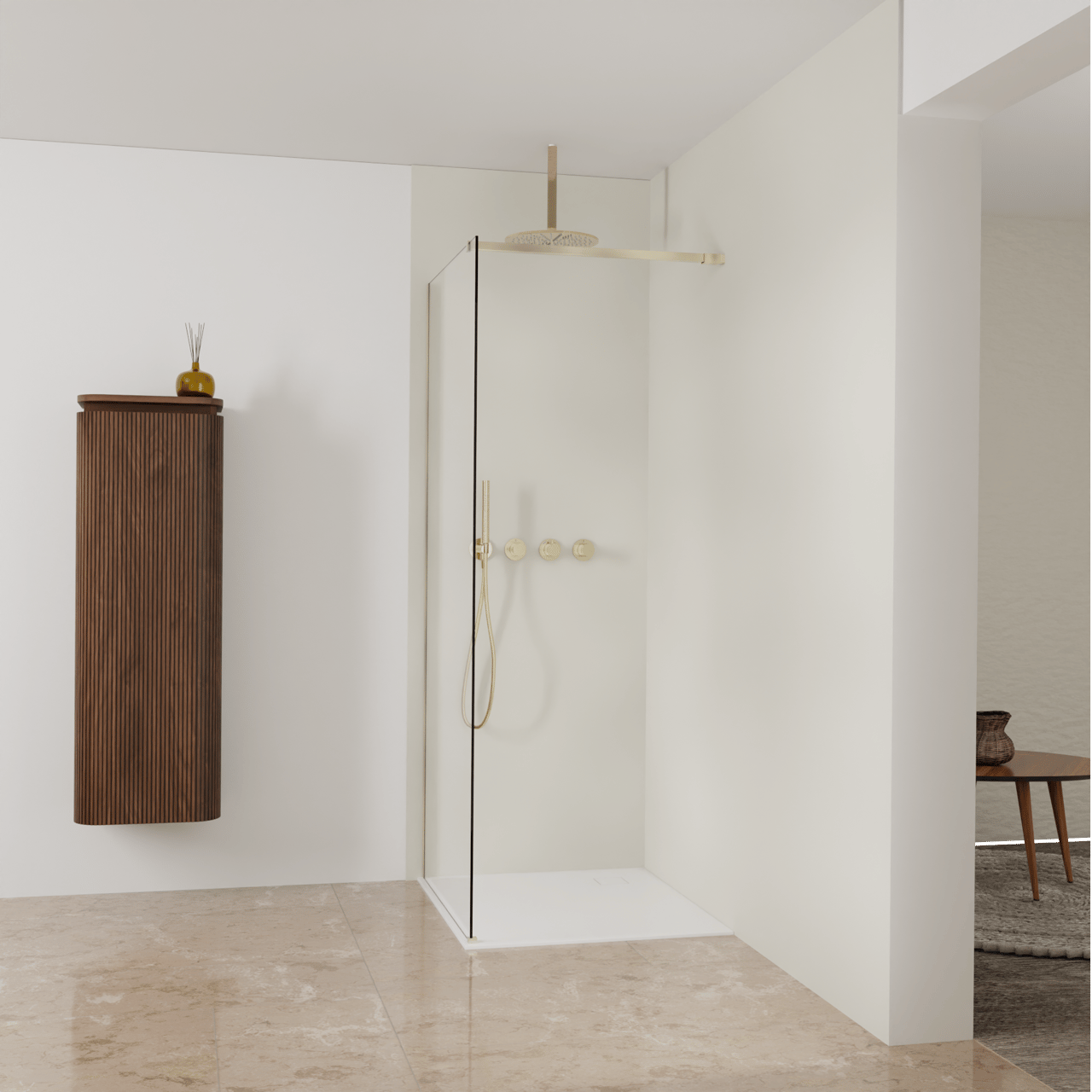 Balmani Modular inloopdouche: 90 x 200 cm, Helder glas met coating, Brushed Champagne Gold profielen