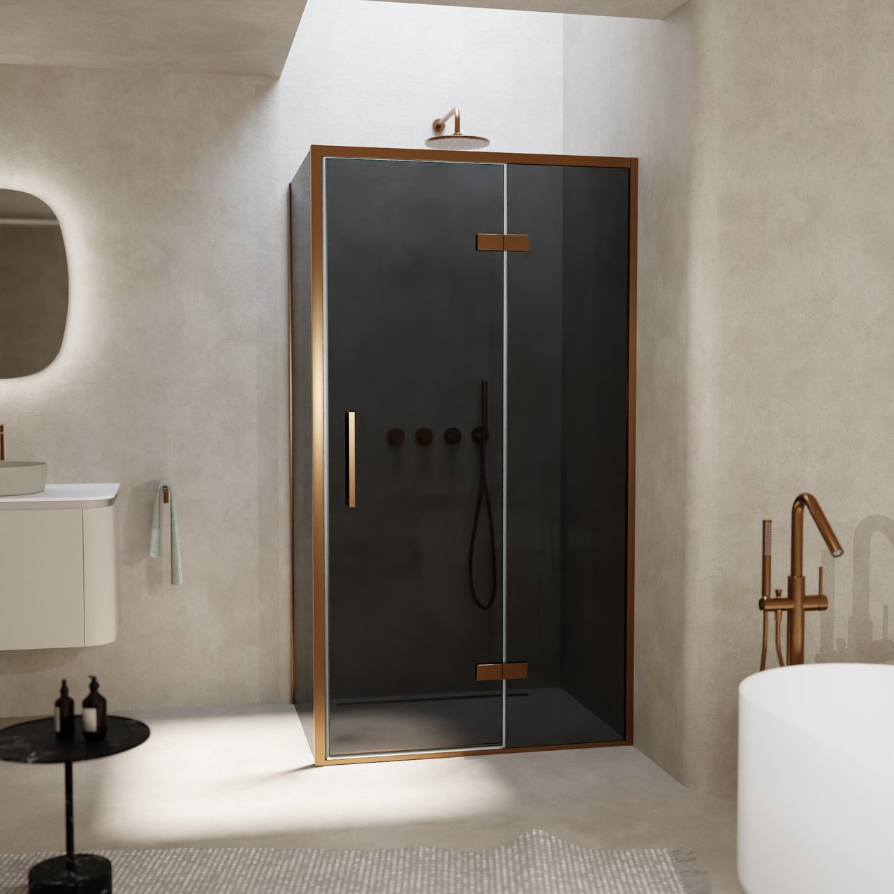Balmani Senses Design douche en coin avec porte pivotante à droite et paroi latérale fixe, 100 x 100 cm, Verre fumé, Profil Brushed Rosegold, coating inclus