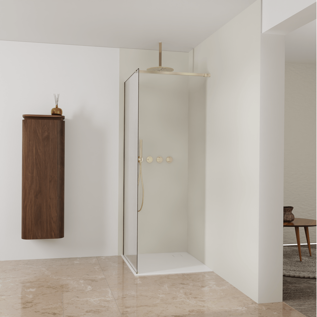 Balmani Modular Walk-In Dusche: 90 x 200 cm, Ribs, inklusive Coating, Profil Brushed Champagne Gold