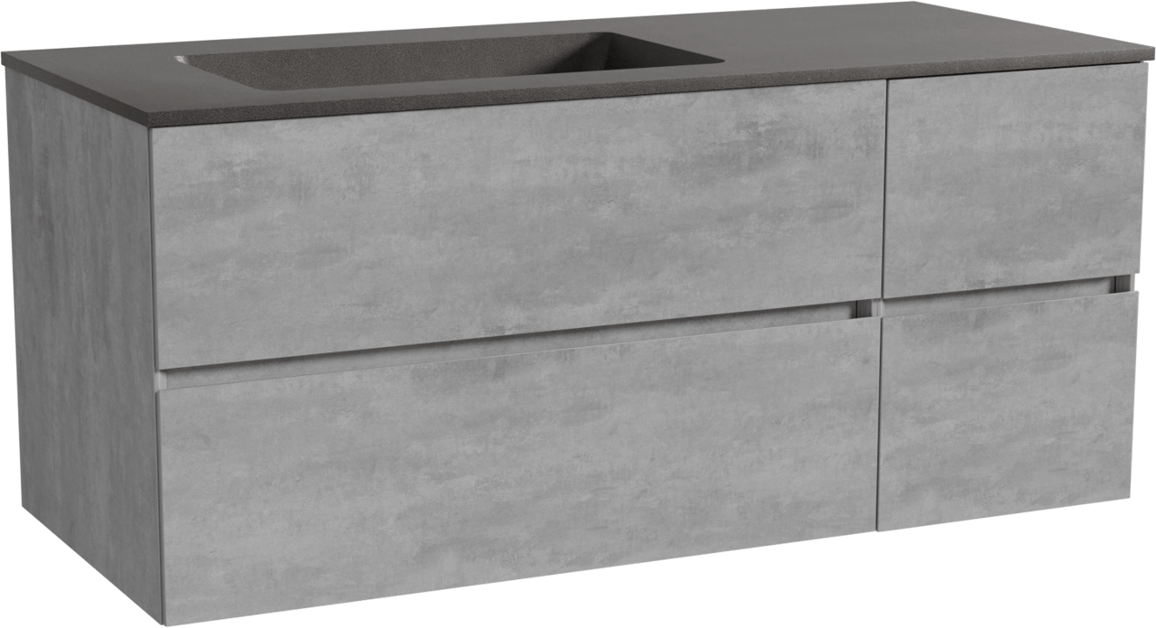 Storke Edge zwevend badmeubel 120 x 52 cm beton donkergrijs met Scuro asymmetrisch linkse wastafel in kwarts mat zwart