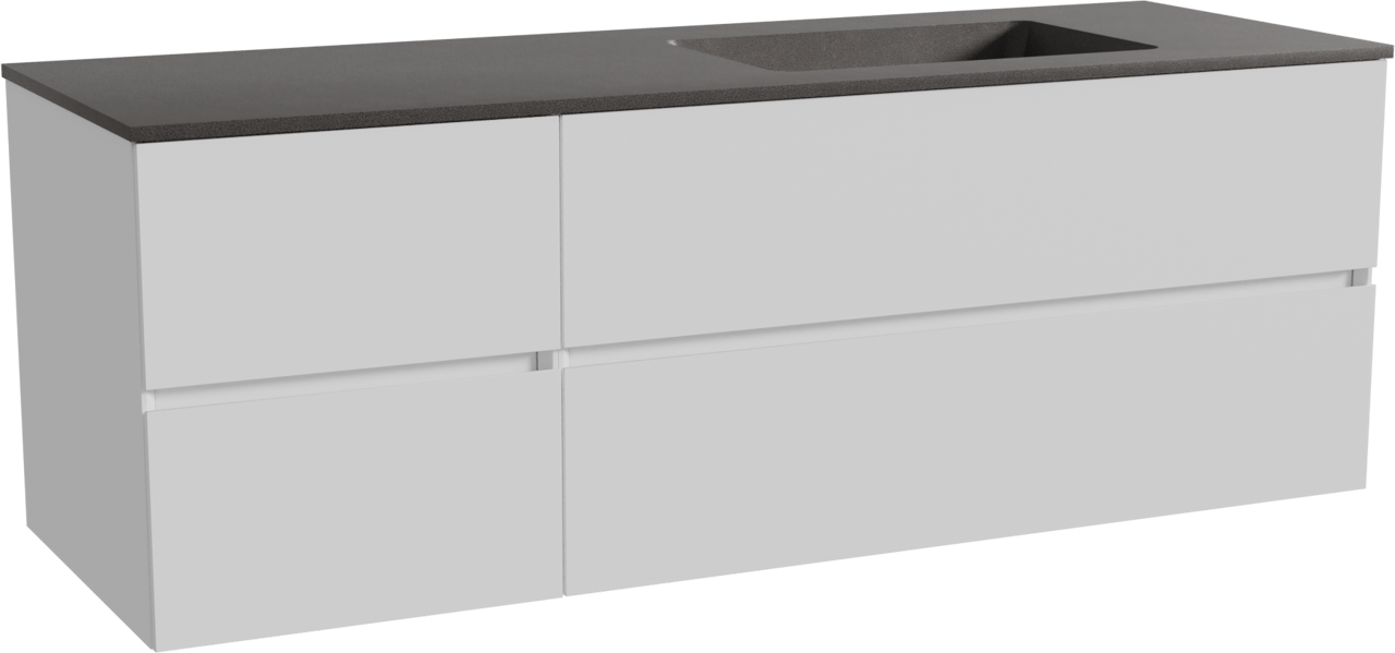 Storke Edge zwevend badmeubel 150 x 52 cm mat wit met Scuro asymmetrisch rechtse wastafel in kwarts mat zwart