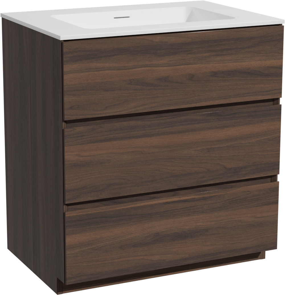 Storke Edge freistehendes Möbelstück Set: 75 x 52 cm, Nussbaum, mit Mata Einzelwaschtisch, Solid Surface Weiß matt