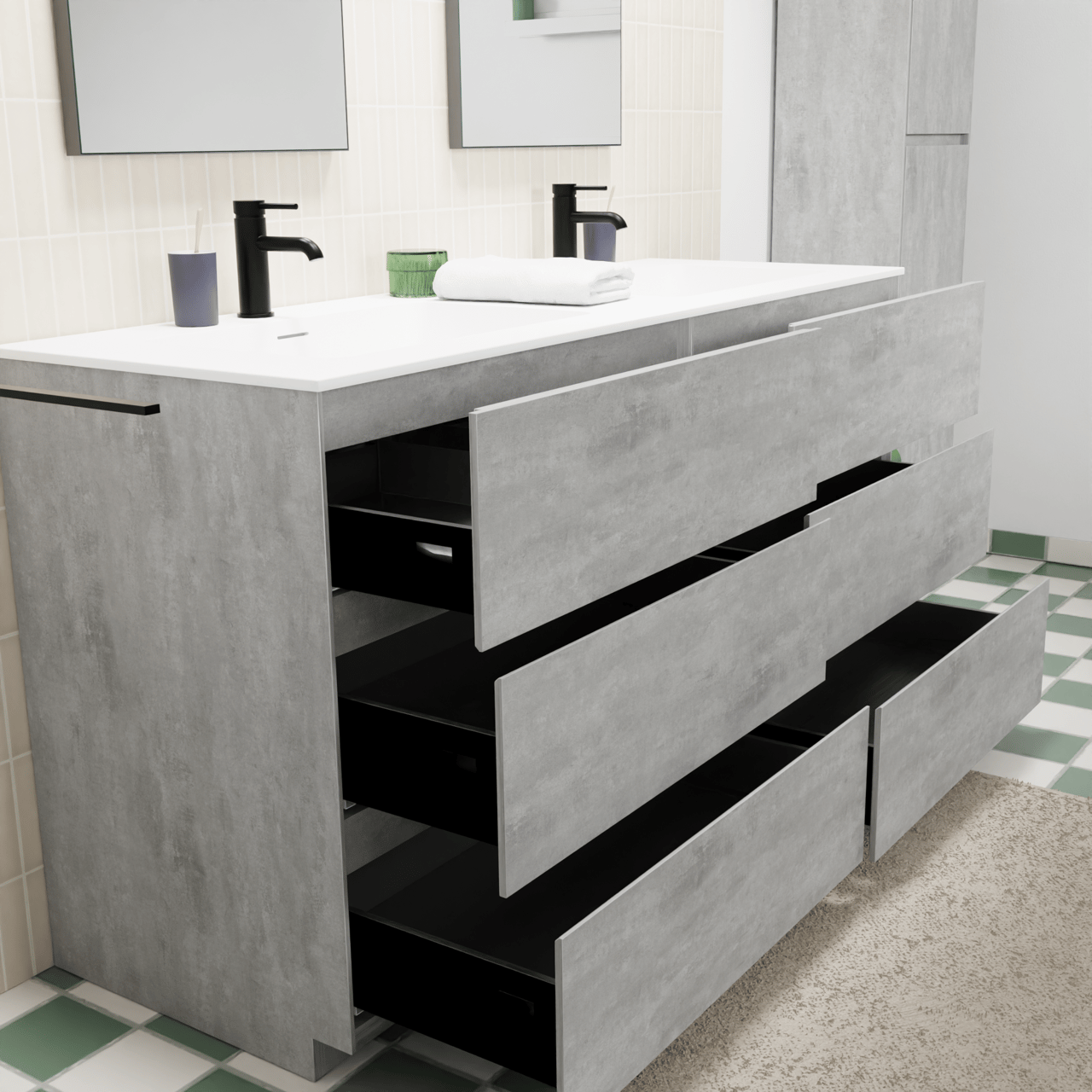Storke Edge staand badkamermeubel 150 x 52 cm beton donkergrijs met Mata dubbele wastafel in solid surface mat wit