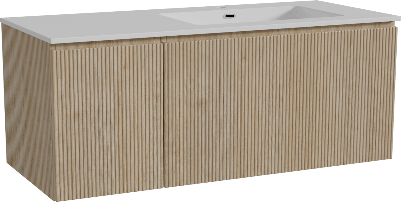 Storke Ribs zwevend badkamermeubel 120 x 52 cm ruwe eik met Diva asymmetrisch rechtse wastafel in composietmarmer glanzend wit, Verticale symmetrische rechte ribbel