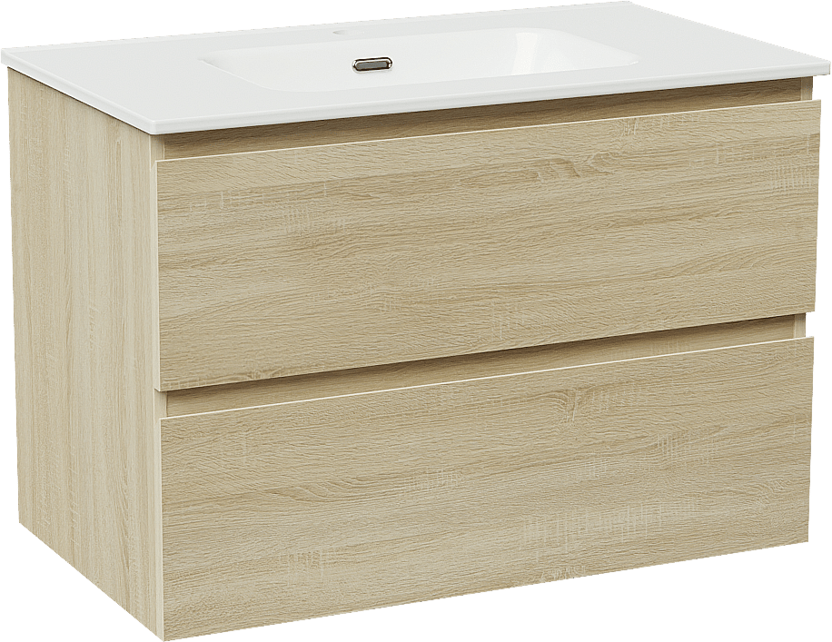 Linie Lado zwevend badmeubel 80 x 46 cm wit eiken met Baro enkele wastafel in porselein hoogglans wit