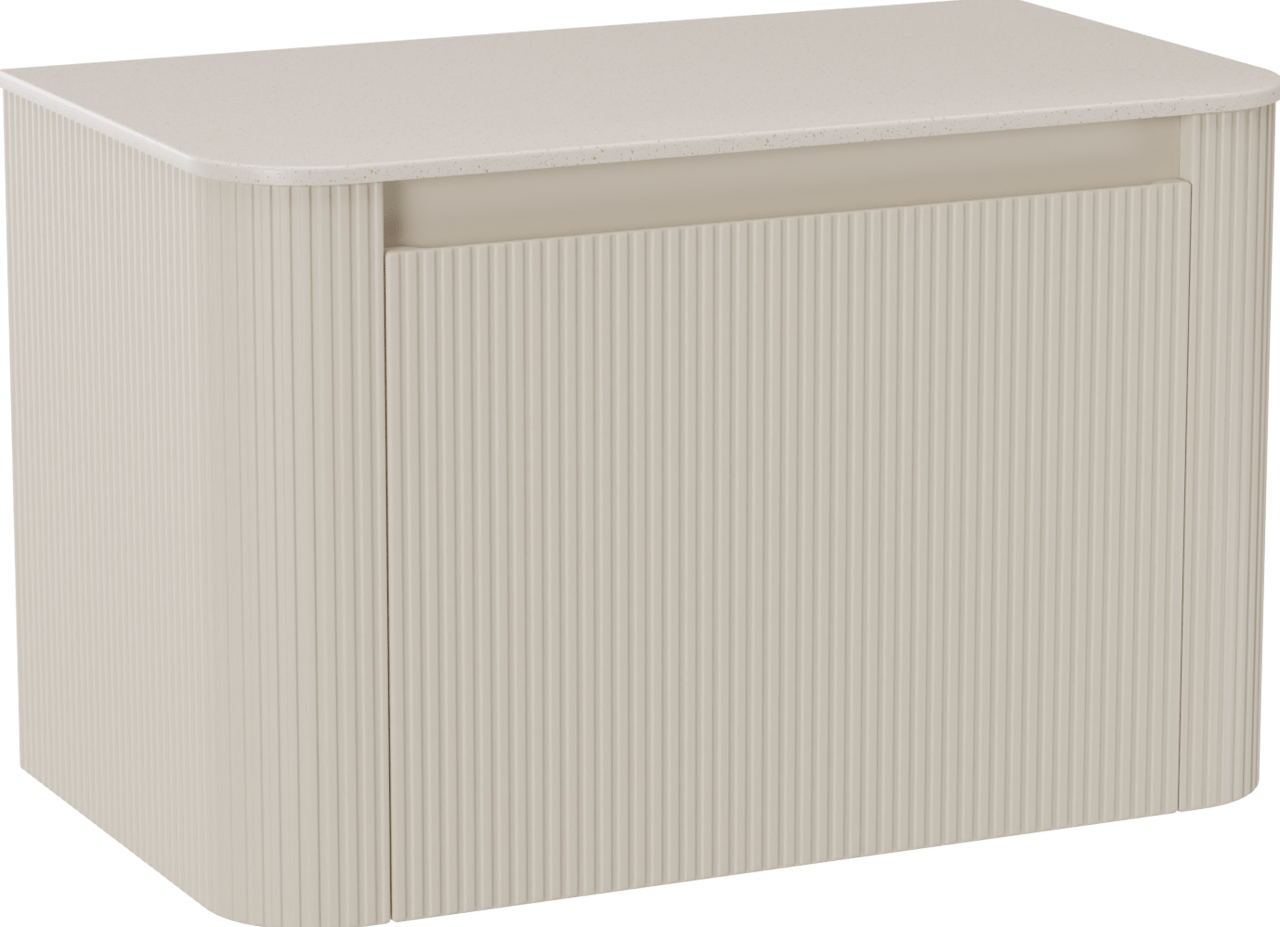 Storke Soft hängendes Möbelstück Set: 80 x 46 cm, Sand Matt, mit Tavola Soft Einzelwaschtischplatte Solid Surface Beige Granit, Vertikale symmetrische gerade Rippe