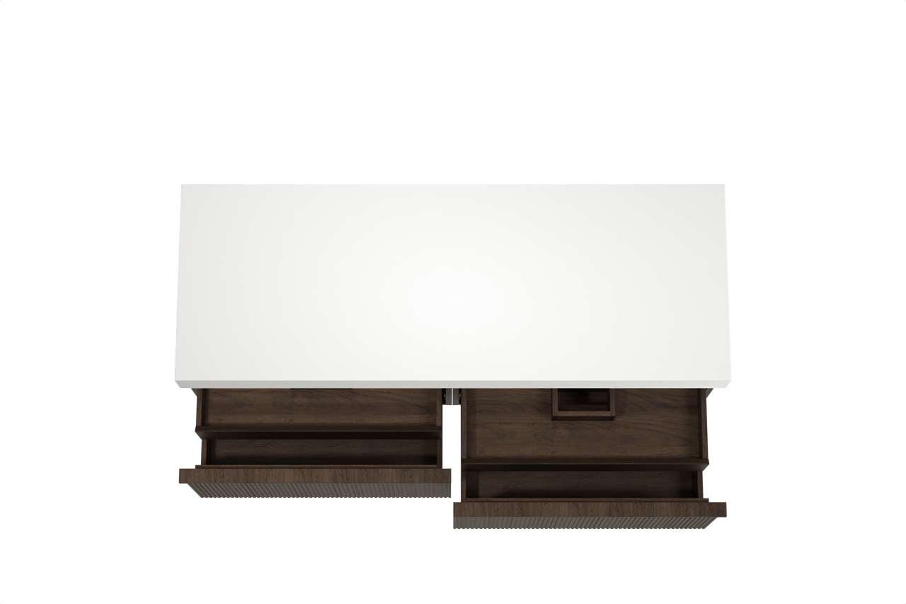 Balmani Forma zwevend badkamermeubel 150 x 55 cm gerookte eik met Dominus enkel of dubbel tablet in solid surface mat wit, Verticale symmetrische rechte ribbel