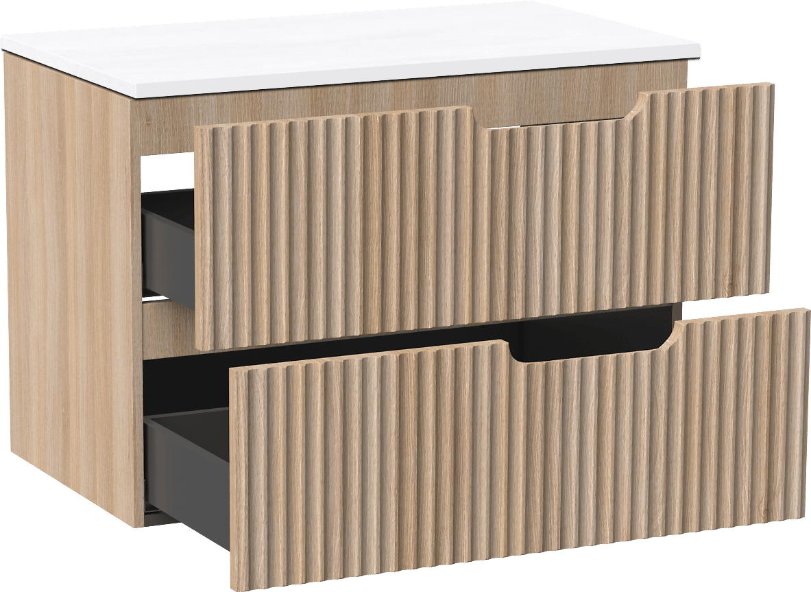 Linie Ribbo zwevend badkamermeubel 80 x 46 cm lichte eik met Lado enkel tablet in composietmarmer glanzend wit, Verticale symmetrische ronde ribbel
