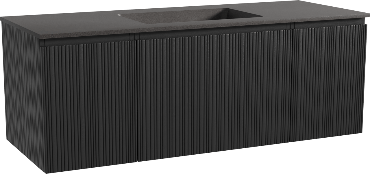 Storke Ribs zwevend badmeubel 135 x 52 cm zwart eiken met Scuro enkele wastafel in kwarts mat zwart, Verticale asymmetrische rechte ribbel