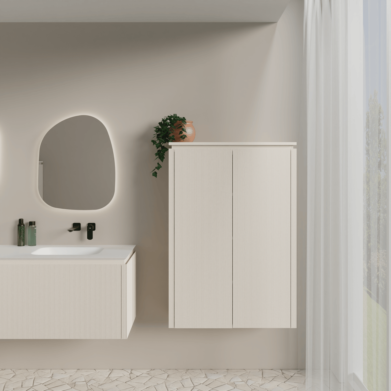 Balmani Eclips Ribs zwevende kolomkast Sandbeige 90 x 32 x 130 cm vert. sym. groef