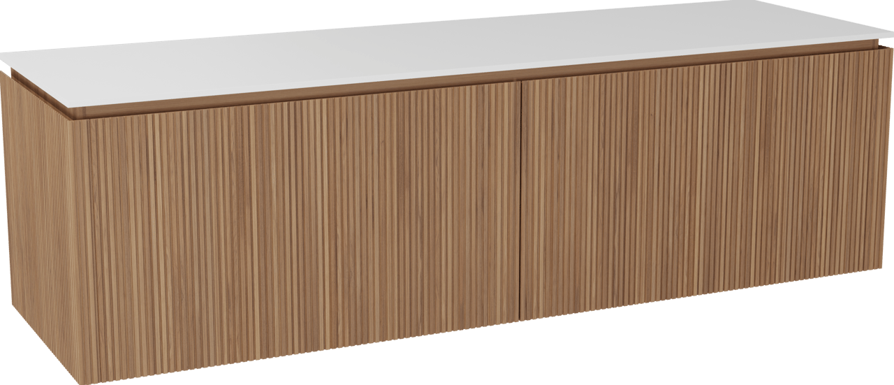 Balmani Eclips meuble salle de bains suspendu 180 x 55 cm Teck avec Stretto tablette simple ou double en Solid Surface blanc mat, Nervure droite symétrique verticale
