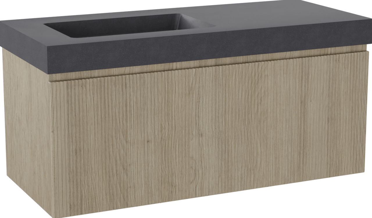 Storke Ribs zwevend badmeubel 120 x 52 cm ruw eiken met Scuro High asymmetrisch linkse wastafel in kwarts mat zwart, Verticale symmetrische rechte ribbel