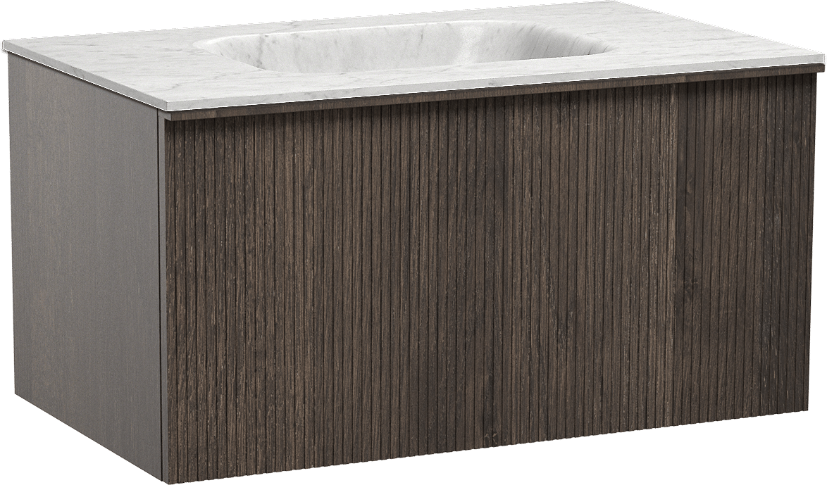 Balmani Forma zwevend badkamermeubel 90 x 55 cm gerookte eik met Tablo Arcato enkele wastafel in marmer carrara, Verticale symmetrische rechte ribbel