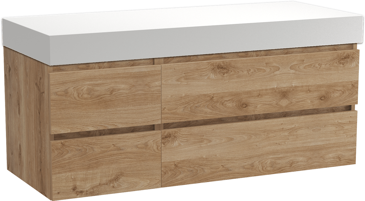Balmani Lucida meuble salle de bains suspendu 135 x 55 cm chêne brut avec Dominus tablette simple ou double en solid surface blanc mat