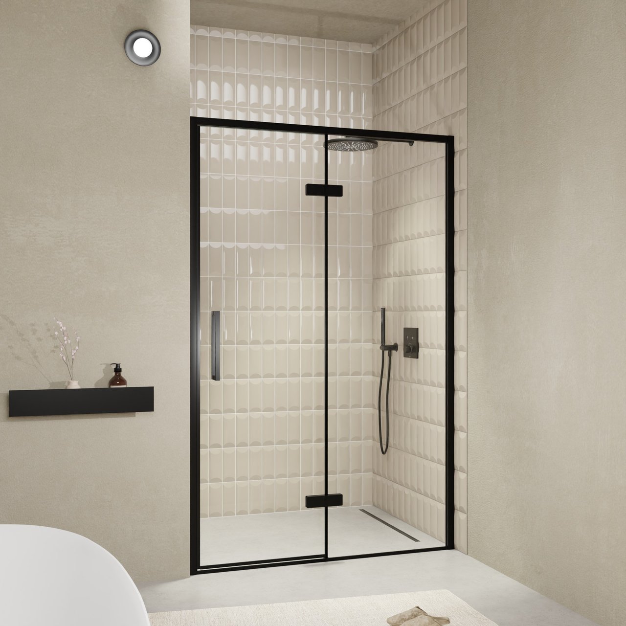 Balmani Senses Design douche draaideur rechts 140 cm x 210 cm Helder glas, Zwarte profielen, met coating