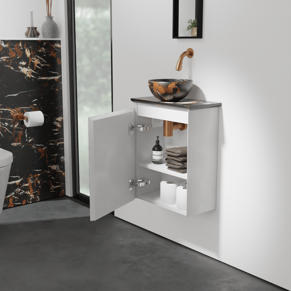 Balmani Mitra meuble wc suspendu 42 x 21 cm blanc mat avec Facetta tablette et Bari XS vaque à poser en marbre Portoro Gold