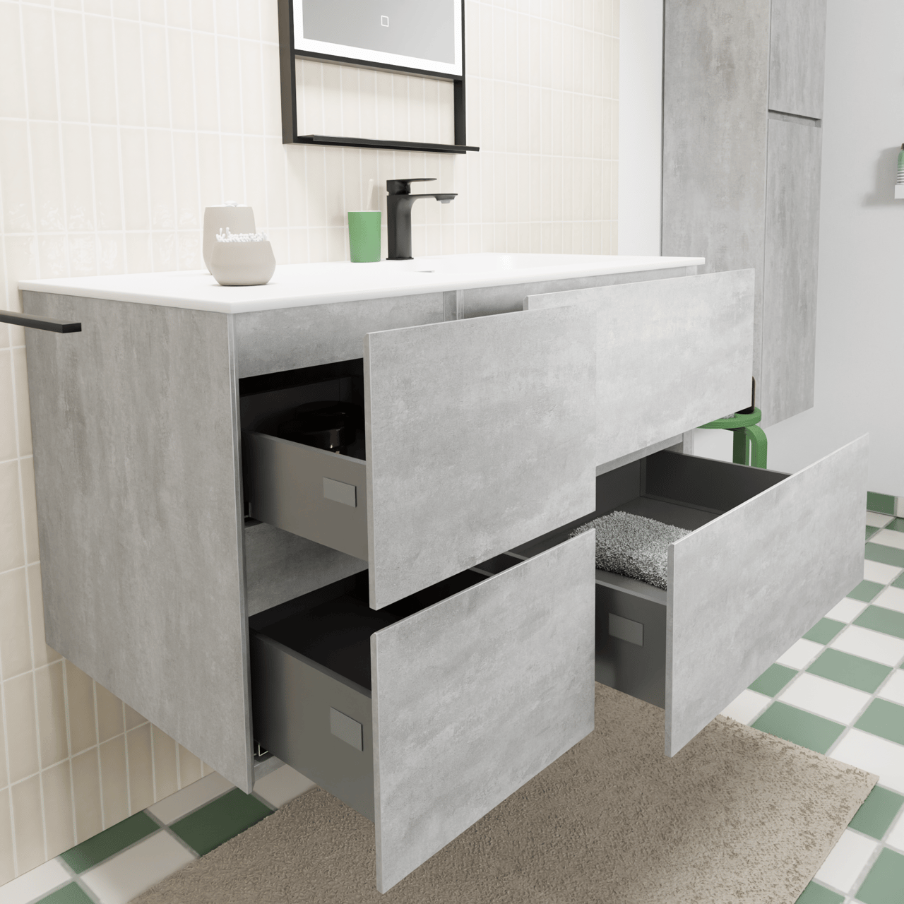 Storke Edge meuble salle de bains suspendu 100 x 52 cm béton gris foncé avec Mata plan vasque asymétrique à droite en solid surface blanc mat