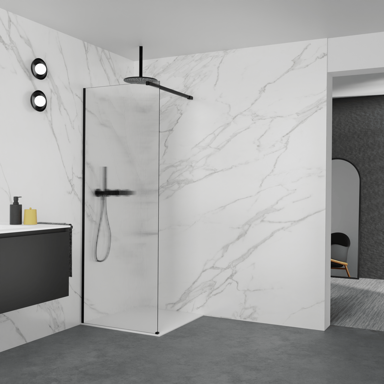 Balmani Modular inloopdouche: 80 x 200 cm, Ribs met coating, Mat zwarte profielen