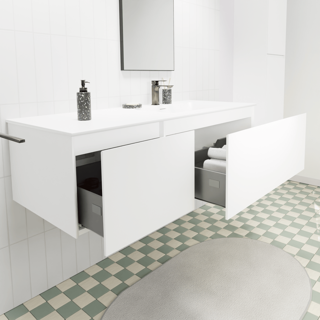 Storke Edge meuble salle de bains suspendu 130 x 52 cm blanc mat avec Mata plan vasque asymétrique à droite en solid surface blanc mat