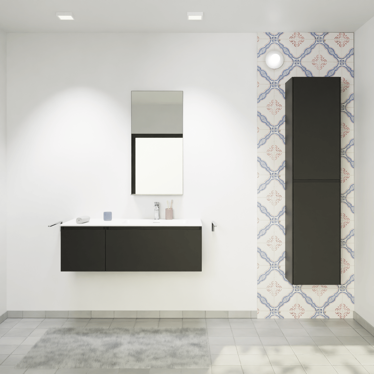 Storke Edge meuble salle de bains suspendu 110 x 52 cm noir mat avec Mata plan vasque asymétrique à droite en solid surface blanc mat