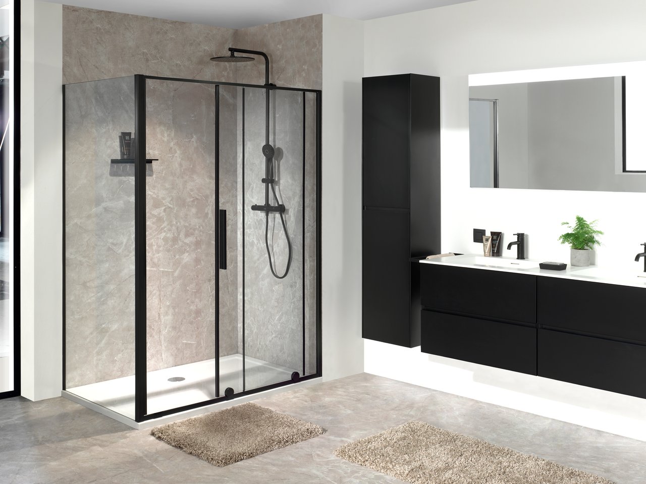 Luca Varess Morano douchecabine met schuifdeur en vaste zijwand 140 x 70 cm helder glas mat zwart profiel