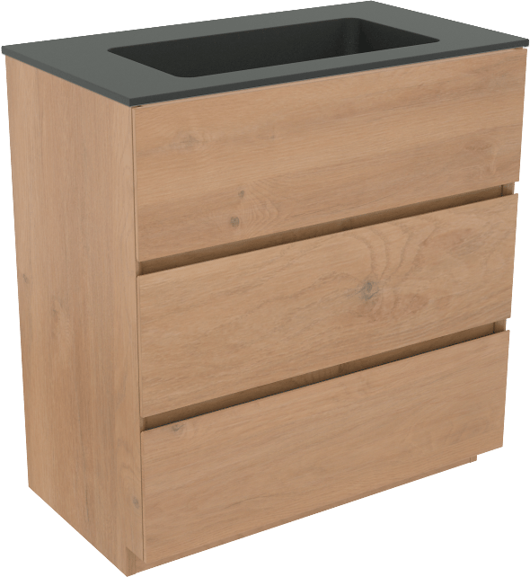 Storke Edge freistehendes Möbelstück Set: 80 x 46 cm, Rohe Eiche, mit Scuro Einzelwaschtisch, Quarz Schwarz matt