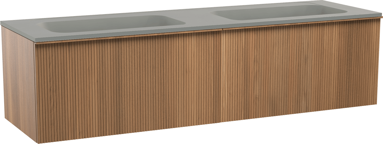 Balmani Forma zwevend badkamermeubel 180 x 55 cm teak met Tablo Strada dubbele wastafel in composietmarmer zijdegrijs, Verticale symmetrische rechte ribbel