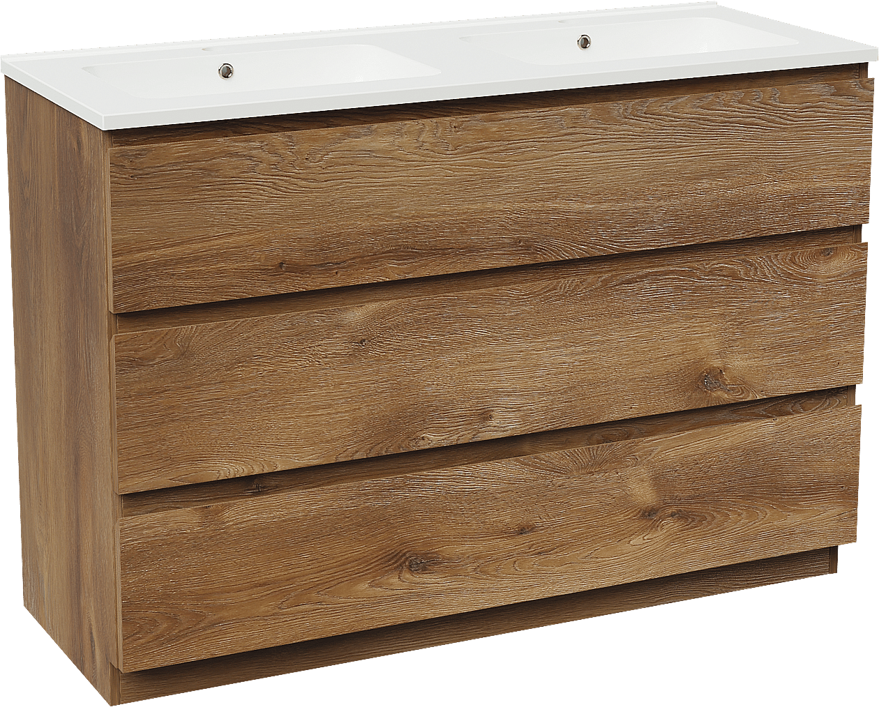 Linie Lado freistehendes Möbelstück Set: 120 x 46 cm, Braune Eiche, mit Vano Doppelwaschtisch, Marmorkomposit Weiß glänzend