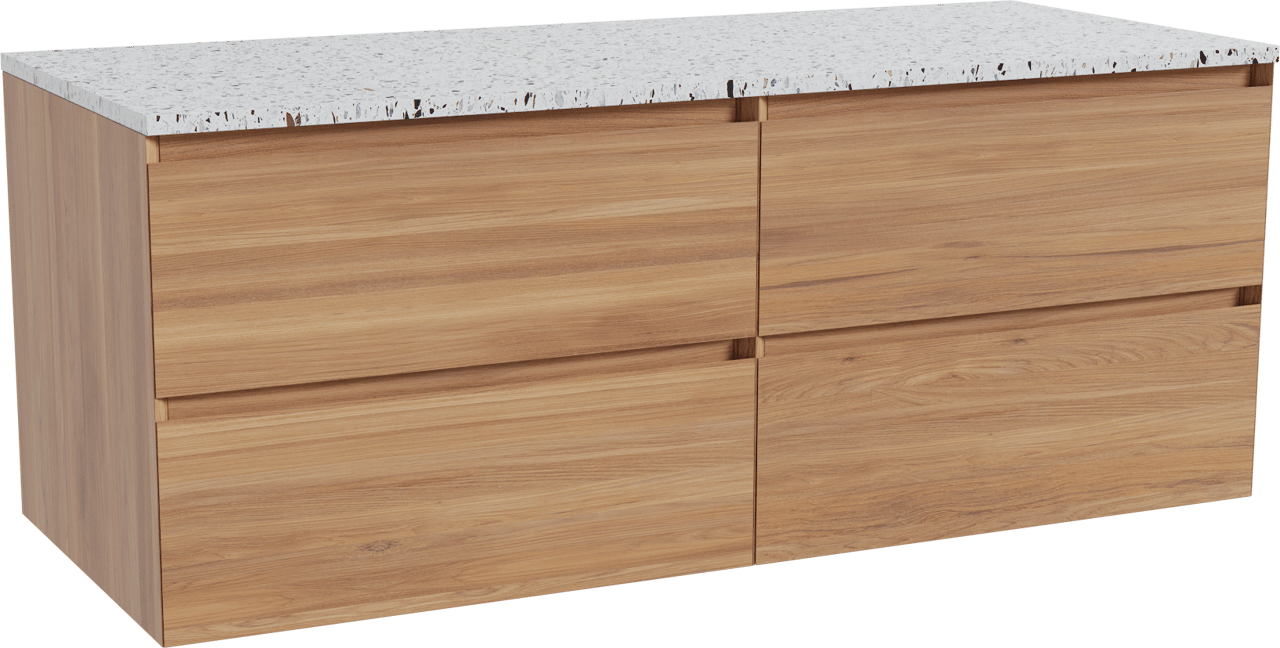 Balmani Mitra meuble salle de bains suspendu 135 x 55 cm teck avec Stretto tablette simple ou double en blanc/noir mat terrazzo