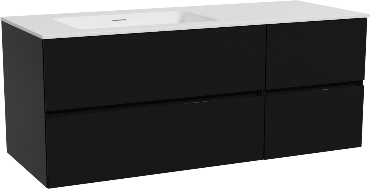 Storke Edge zwevend badmeubel 130 x 52 cm mat zwart met Mata asymmetrisch linkse wastafel in solid surface mat wit